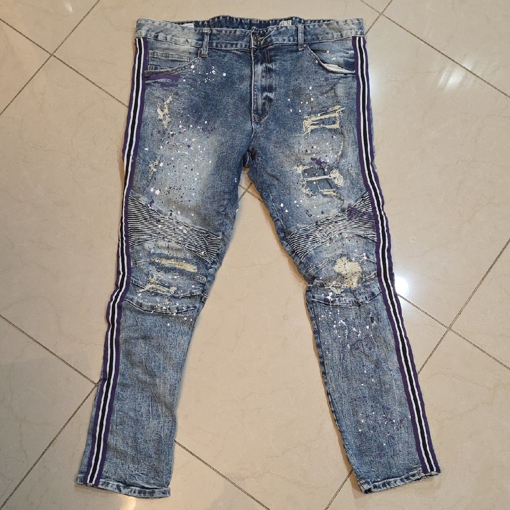 Men's Distressed Blue Jeans with Side Stripes